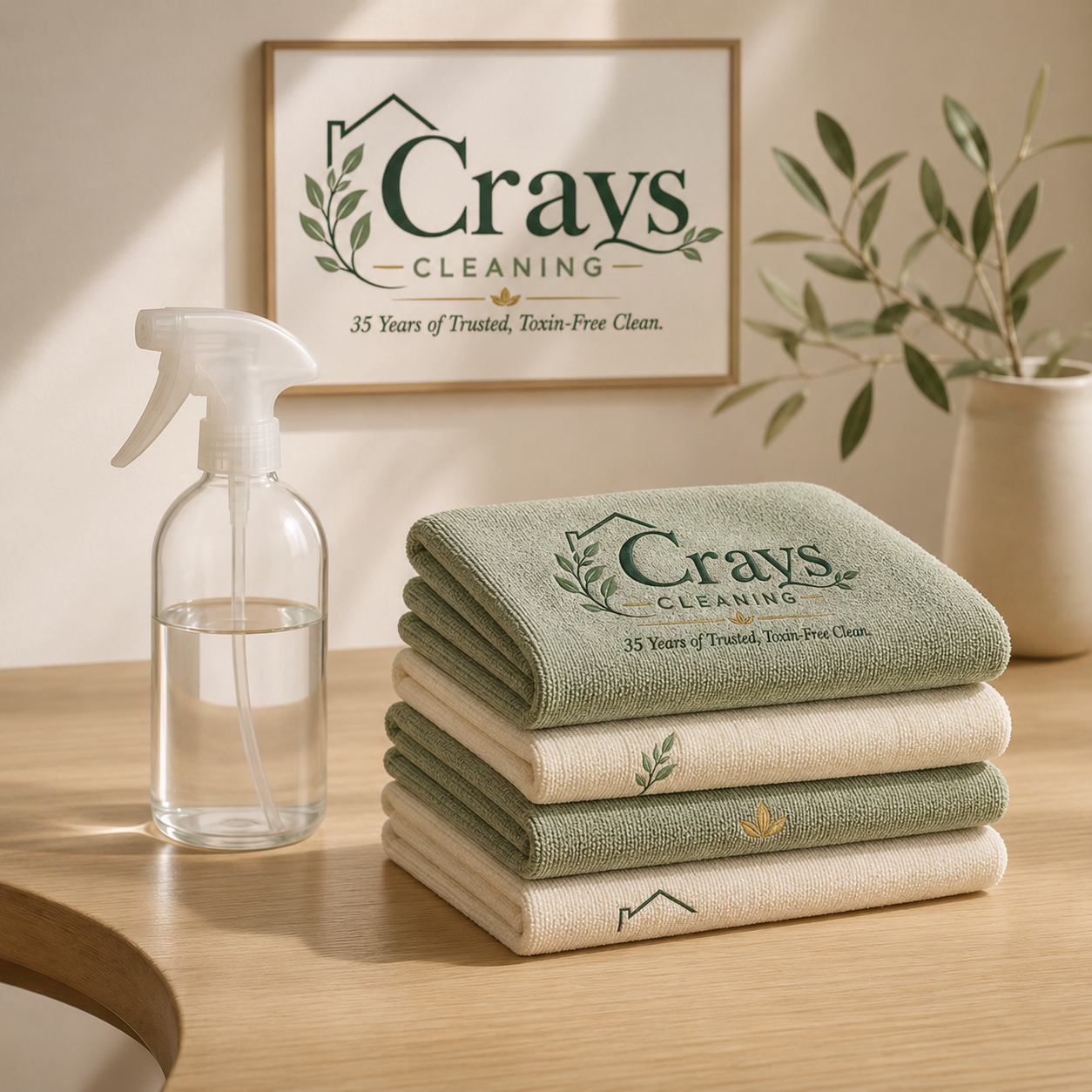 A stack of sage and cream microfiber cloths embroidered with the Crays Cleaning logo, beside a clear unlabeled spray bottle on a light wood table, below a framed sign reading Crays Cleaning — 35 Years of Trusted, Toxin-Free Clean