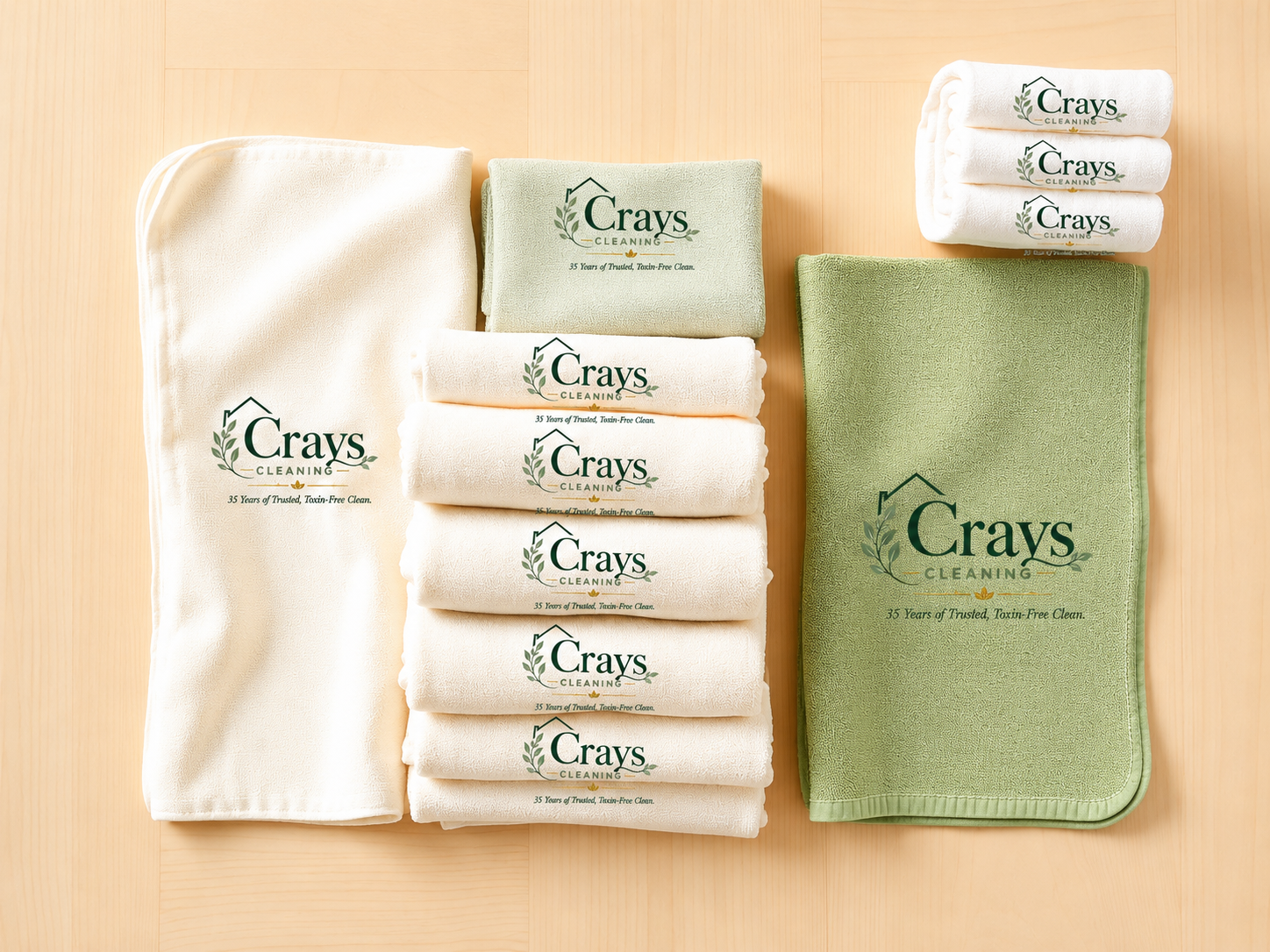 Crays Cleaning branded microfiber cloths and towels arranged neatly on a light wood surface