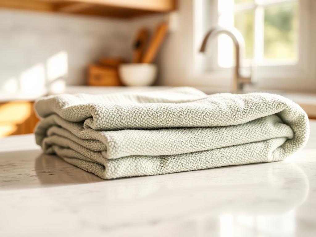 A folded microfiber cloth resting on a clean countertop in warm daylight