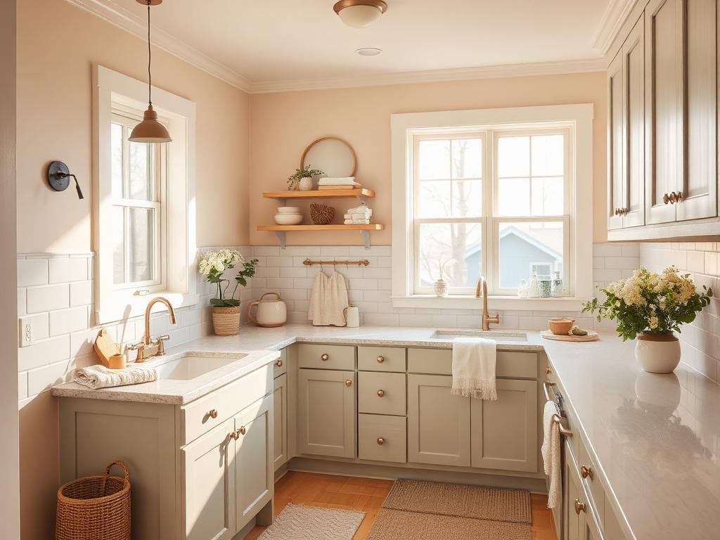Bright clean kitchen or bathroom in an Auburn family home with warm daylight, tidy surfaces, and soft textiles