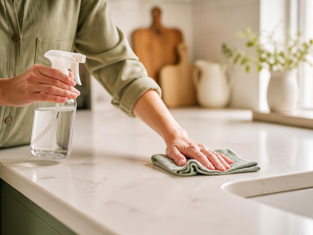 Hands spraying and wiping a kitchen counter with a microfiber cloth in warm natural daylight